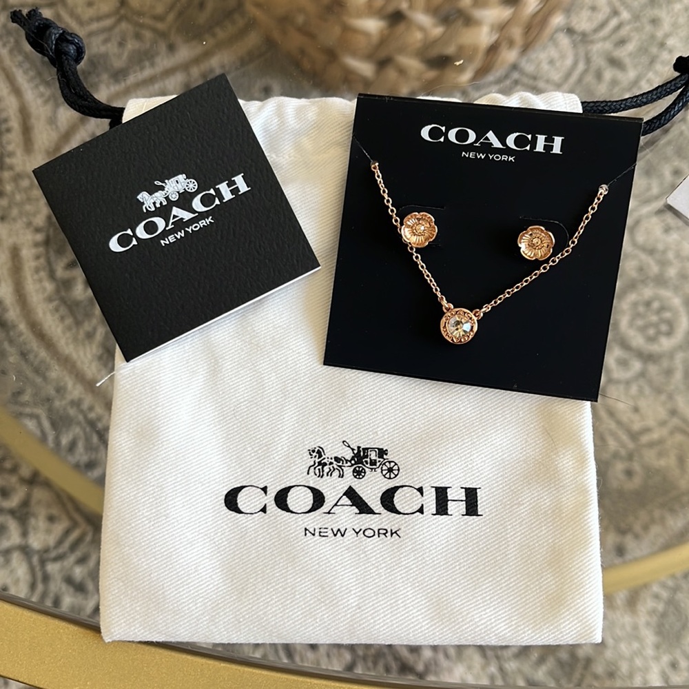 Coach Earrings and Necklace set In Rose Gold